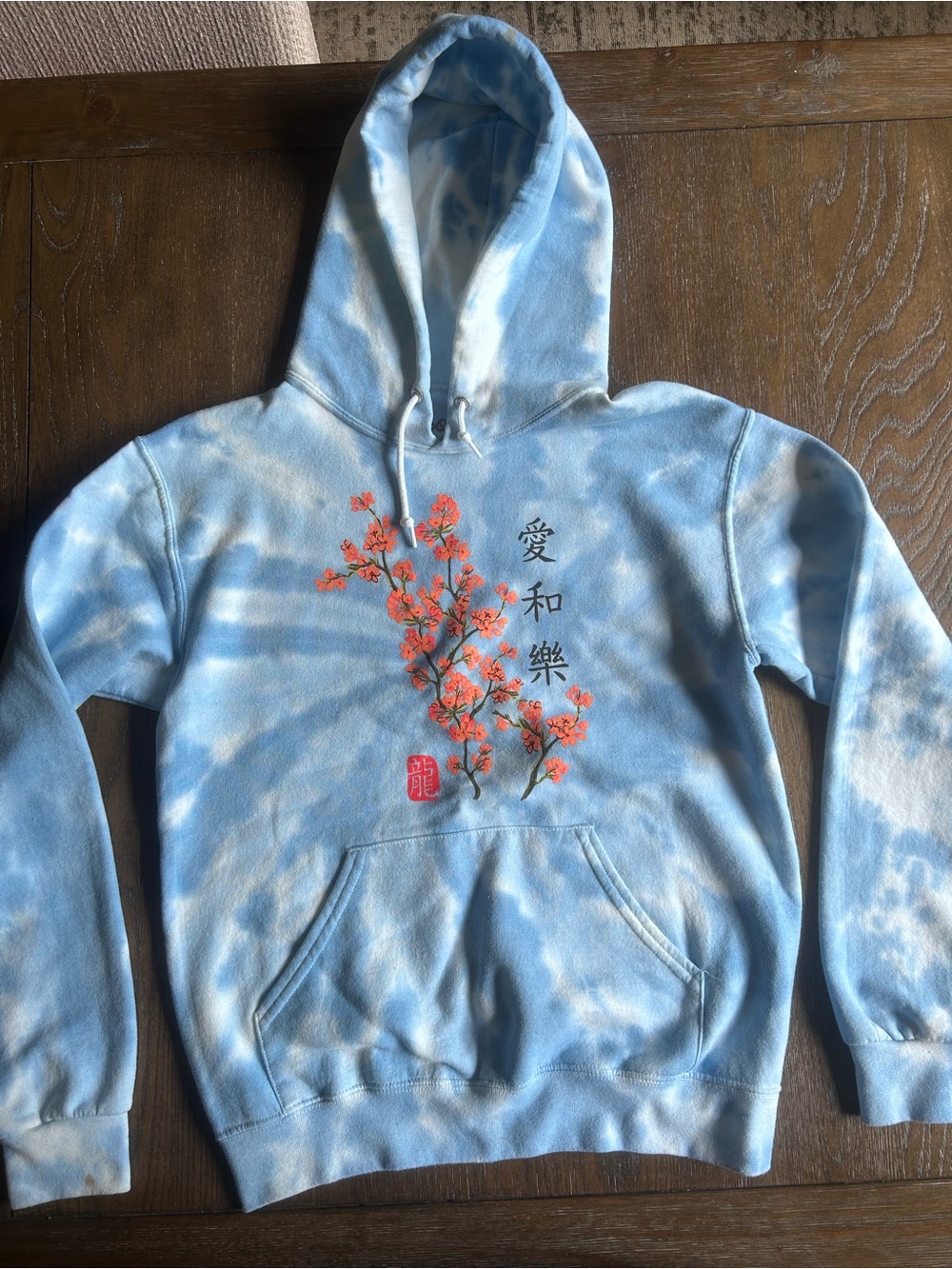 Unisex Light Blue Tie-Dye Hoodie with Cherry Blossom Graphic small